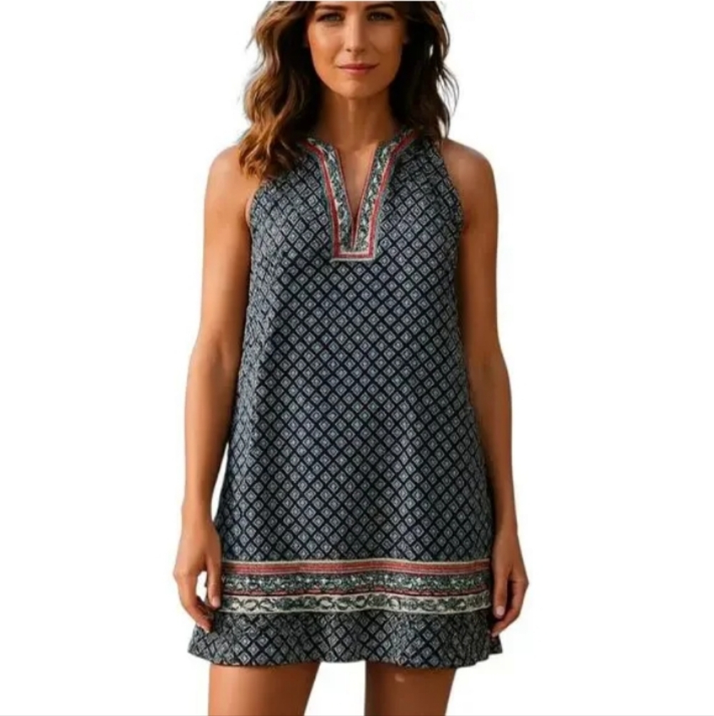 THML Faye Navy Print Embroidered Halter Neck Dress | M